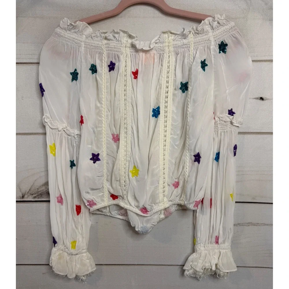 Rococo Sand White Sequin Star Off Shoulder Blouse Tassel Boho Top Small - Picture 8 of 8